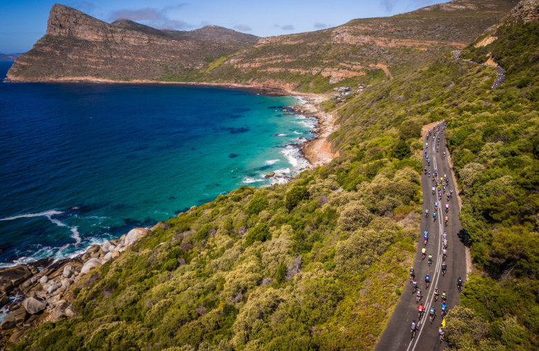Aerial view of cyclists